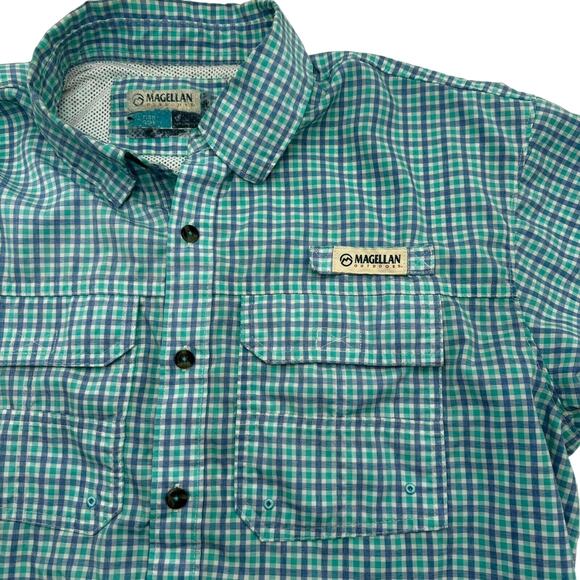 Magellan Mens Medium Blue teal checkered Button Up Short Sleeve Vented Fish Gear - Picture 1 of 9